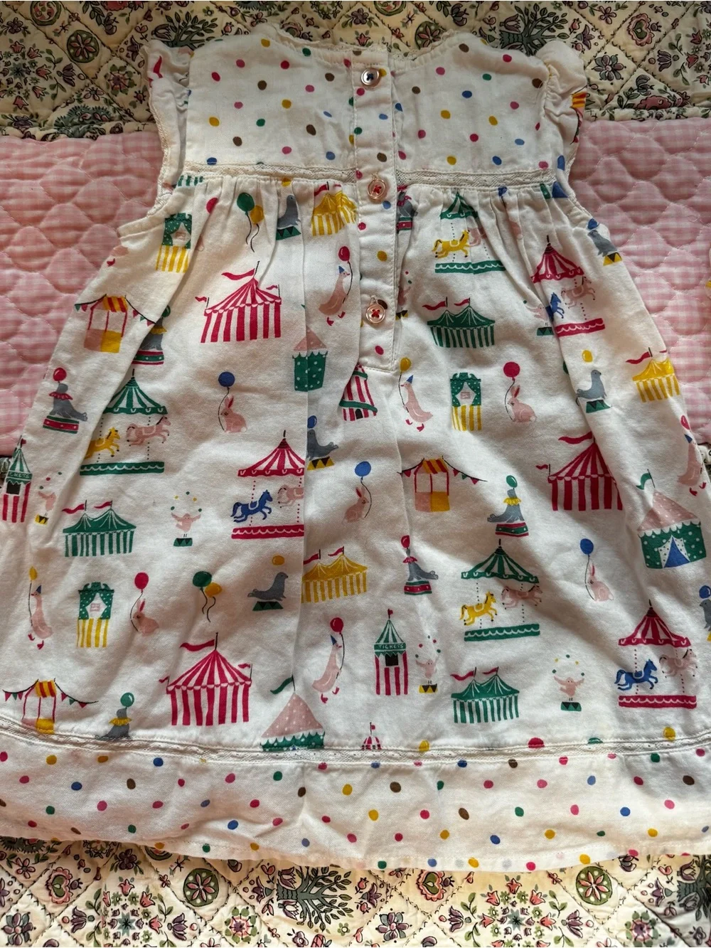 Baby Boden White Dress with Multicolor Circus Print and Bloomers